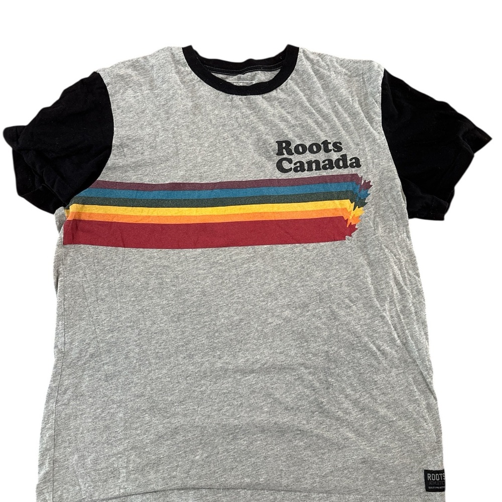 Men’s Roots Canada Gray T-Shirt with Black Sleeves and Stripes M
